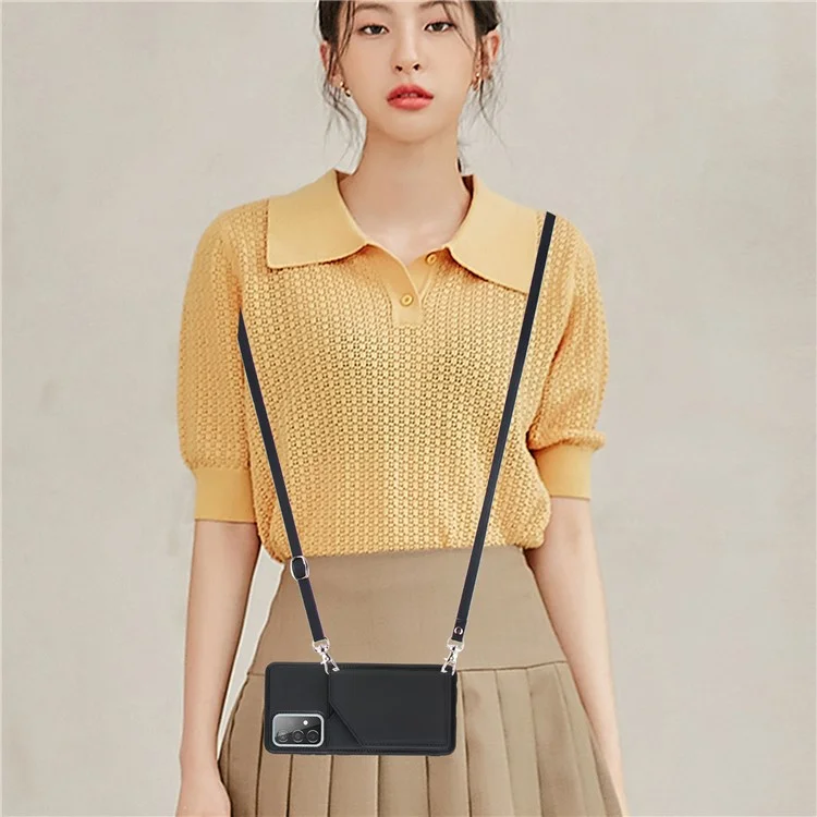 Smooth Leather Card Holder Design Phone Stand Case with Shoulder Strap for Samsung Galaxy A52 4G/5G / A52s 5G / A52s 5G - Black