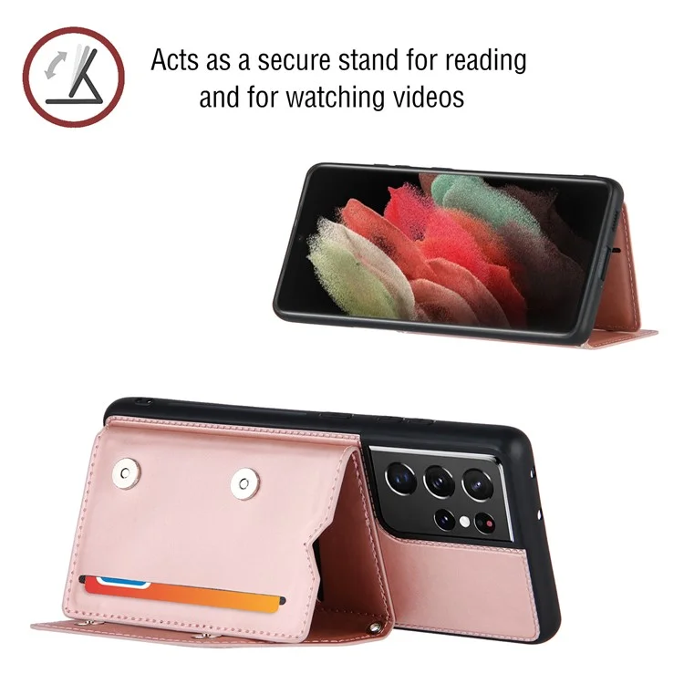 Stand Card Holder Rubberized Leather Skin TPU Phone Case for Samsung Galaxy S21 Ultra 5G - Rose Gold