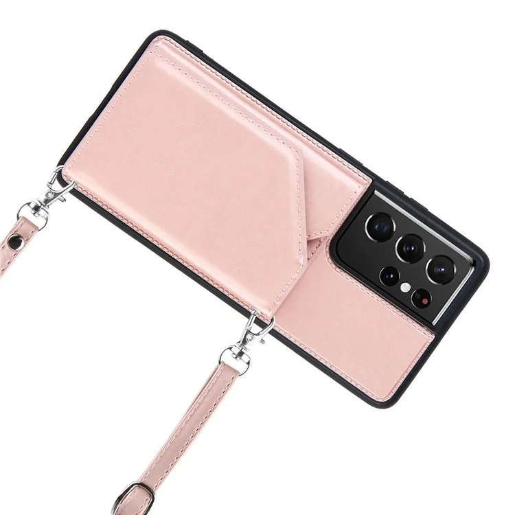 Stand Card Holder Rubberized Leather Skin TPU Phone Case for Samsung Galaxy S21 Ultra 5G - Rose Gold