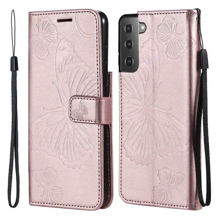 Impresión de KT Flower Series-2 Impresión de la Billetera de Cuero Butterfly Case Para Samsung Galaxy S21 Fe/s21 Fan Edition - Oro Rosa