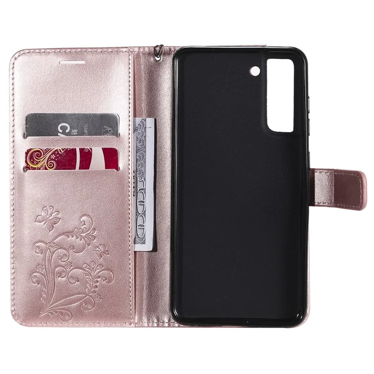 Impresión de KT Flower Series-2 Impresión de la Billetera de Cuero Butterfly Case Para Samsung Galaxy S21 Fe/s21 Fan Edition - Oro Rosa