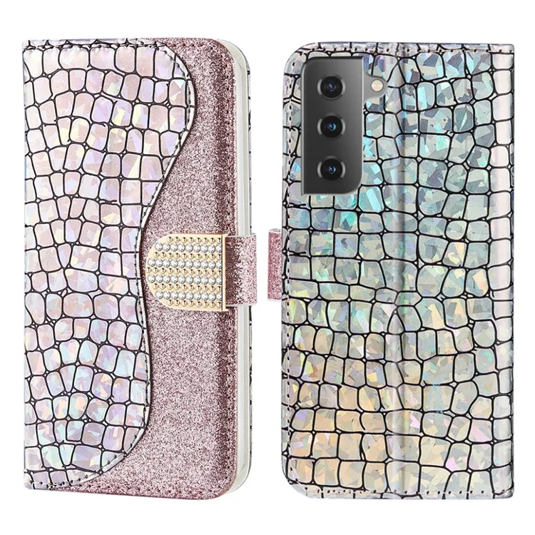 Glittery Powder Splicing Crocodile Skin Leather Wallet Case for Samsung Galaxy S21 FE - Rose Gold