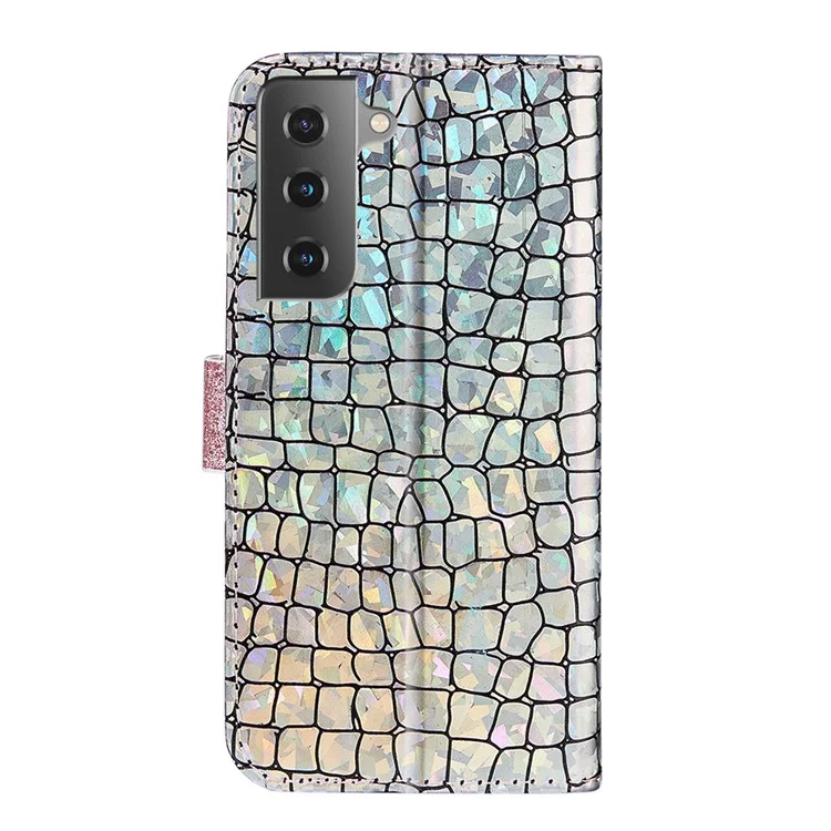 Glittery Powder Splicing Crocodile Skin Leather Wallet Case for Samsung Galaxy S21 FE - Rose Gold