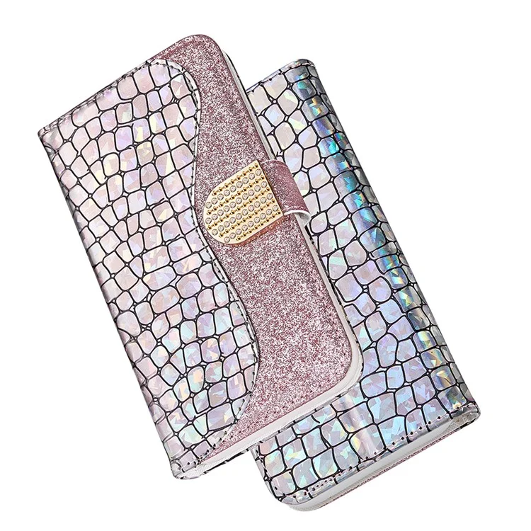 Glittery Powder Splicing Crocodile Skin Leather Wallet Case for Samsung Galaxy S21 FE - Rose Gold