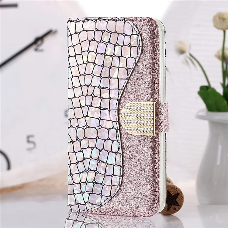 Glittery Powder Splicing Crocodile Skin Leather Wallet Case for Samsung Galaxy S21 FE - Rose Gold