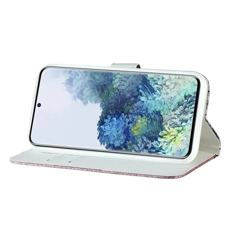 Glittery Powder Splicing Crocodile Skin Leather Wallet Case for Samsung Galaxy S21 FE - Rose Gold