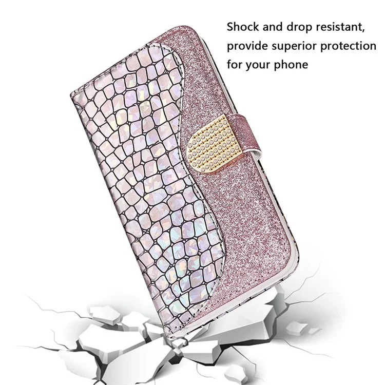 Glittery Powder Splicing Crocodile Skin Leather Wallet Case for Samsung Galaxy S21 FE - Rose Gold