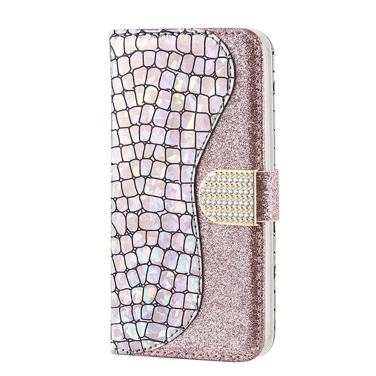 Glittery Powder Splicing Crocodile Skin Leather Wallet Case for Samsung Galaxy S21 FE - Rose Gold
