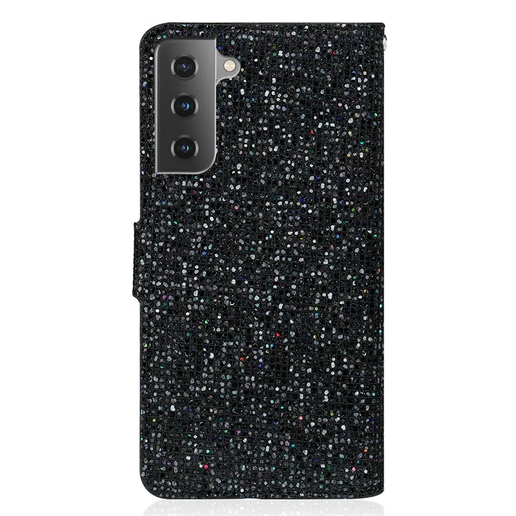 Portafoglio con supporto e design con polvere glitterata, con cucitura in pelle per Samsung Galaxy S21 FE - Nero