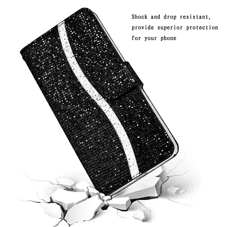 Portafoglio con supporto e design con polvere glitterata, con cucitura in pelle per Samsung Galaxy S21 FE - Nero