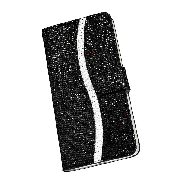 Portafoglio con supporto e design con polvere glitterata, con cucitura in pelle per Samsung Galaxy S21 FE - Nero