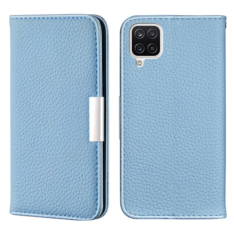 Design de Fivela de Metal Litchi Skin Skin Auto-absorvido Por Telefone de Couro Com Slots de Cartão Para o Samsung Galaxy A22 4G (versão da Ue) - Azul