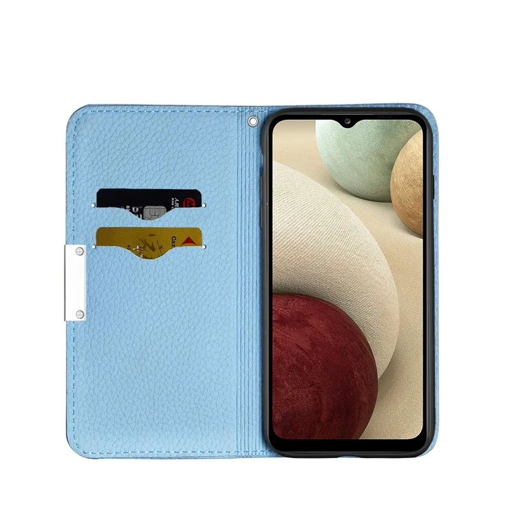 Design de Fivela de Metal Litchi Skin Skin Auto-absorvido Por Telefone de Couro Com Slots de Cartão Para o Samsung Galaxy A22 4G (versão da Ue) - Azul