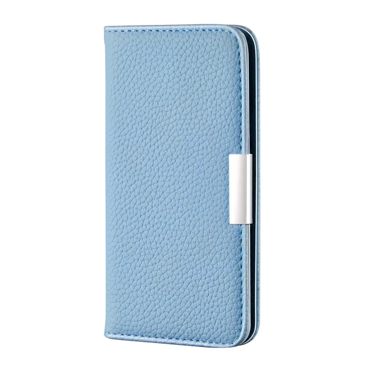 Design de Fivela de Metal Litchi Skin Skin Auto-absorvido Por Telefone de Couro Com Slots de Cartão Para o Samsung Galaxy A22 4G (versão da Ue) - Azul