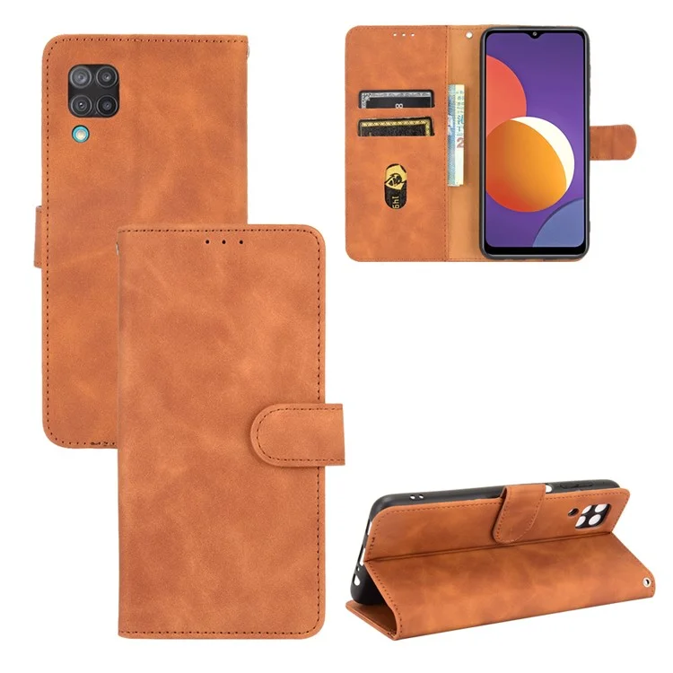 Silky Touch Leder Brieftasche Telefonabdeckung Hülle Für Samsung Galaxy M12/F12 - Braun