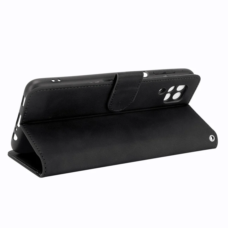 Silky Touch Leather Wallet Phone Cover Stand Case for Samsung Galaxy M12/F12 - Black