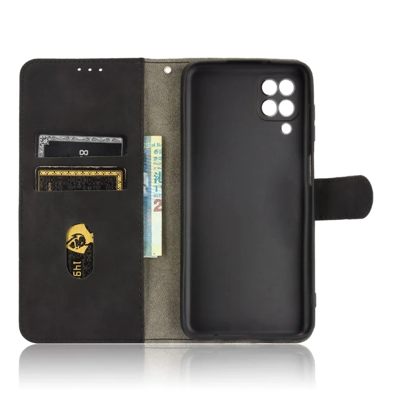 Silky Touch Leather Wallet Phone Cover Stand Case for Samsung Galaxy M12/F12 - Black