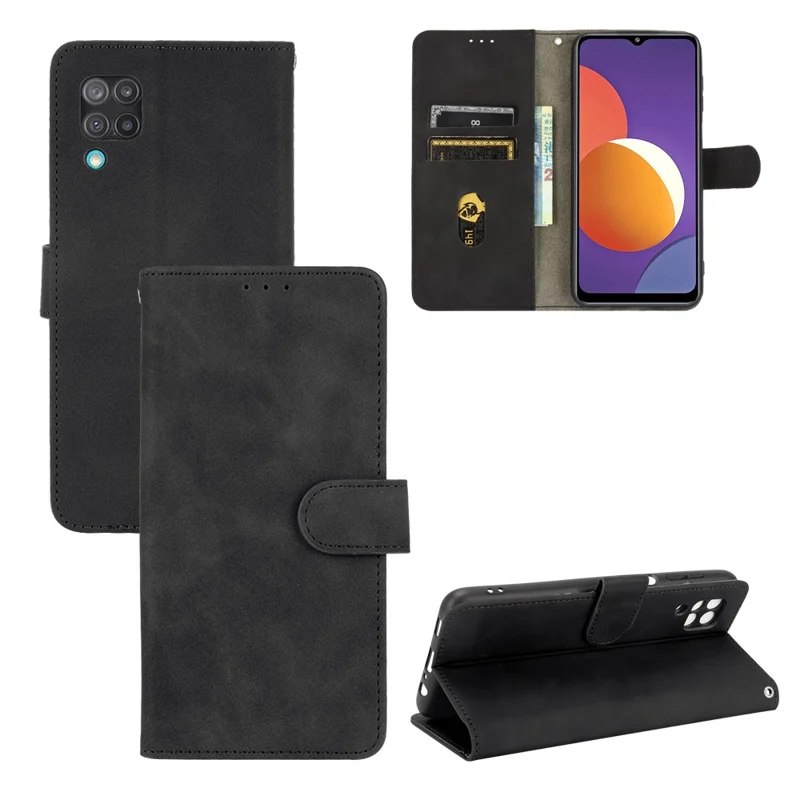 Silky Touch Leather Wallet Phone Cover Stand Case for Samsung Galaxy M12/F12 - Black