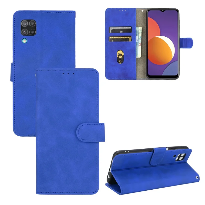 Silky Touch Leather Wallet Phone Cover Stand Case for Samsung Galaxy M12/F12 - Blue