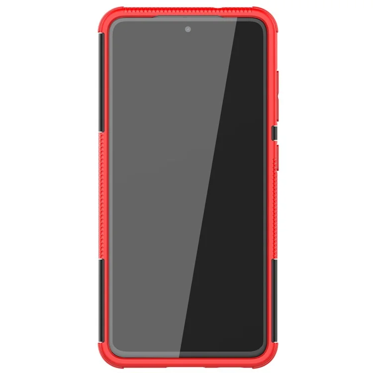 Mobile Phone Case for Samsung Galaxy S21 FE / Fan Edition, Cool Tyre Surface Kickstand Hybrid PC + TPU Phone Cover - Red