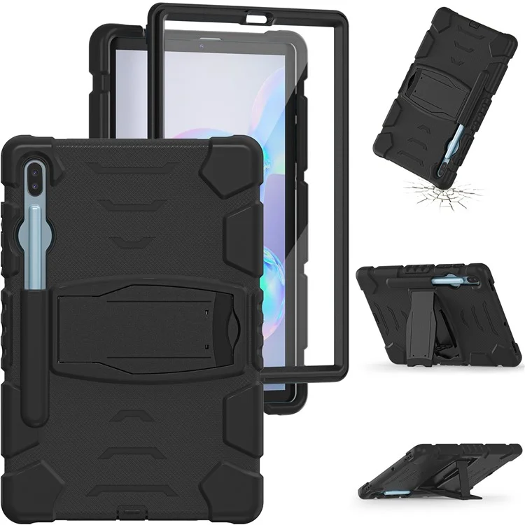 PC Resistente al Impacto + Cubierta de Tableta de Silicona Suave Con Papel de Patada Para Samsung Galaxy Tab S6 SM-T860 (Wi-Fi)/SM-T865 (LTE)/SM-T867 - Negro Negro