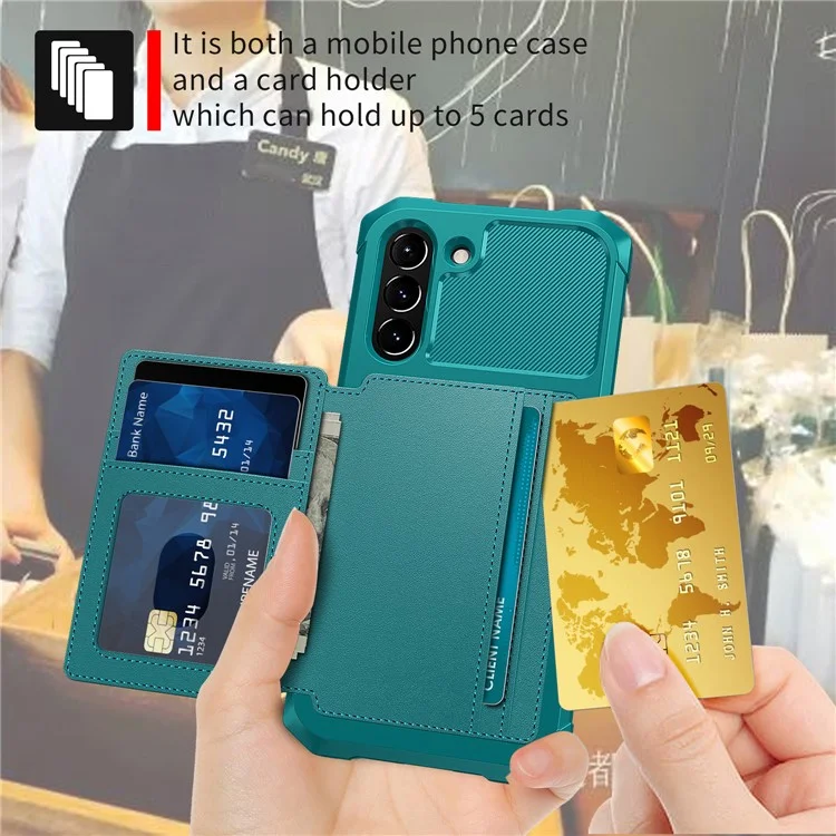 ZM03 para Samsung Galaxy S21 FE Suporte de Escudo Cobertura Protetora de Couro PU Revestido de TPU com Porta-Cartão Incorporado Folha Magnética - Verde