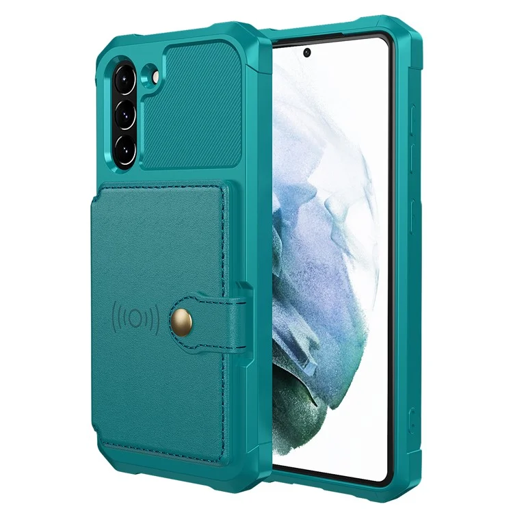 ZM03 para Samsung Galaxy S21 FE Suporte de Escudo Cobertura Protetora de Couro PU Revestido de TPU com Porta-Cartão Incorporado Folha Magnética - Verde