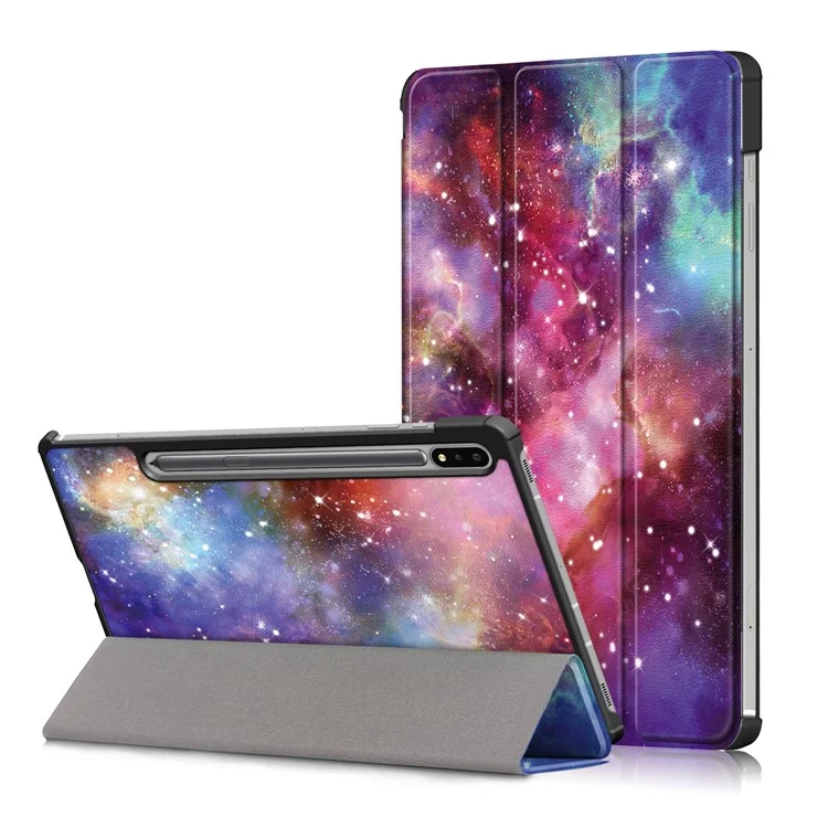 Tri-fold Stand Design Pattern Printing PU Petter Caso Caso Protettore Shell Per Samsung Galaxy Tab S7 fe T736/Tab S7 Plus/Tab S8+ - Nebulosa