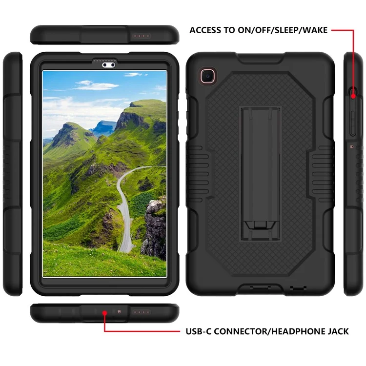 Contrast Color Tablet Case for Samsung Galaxy Tab A7 Lite 8.7-inch T225/T220 (2021), PC + TPU + Silicone Kickstand Hybrid Cover - Black/Black