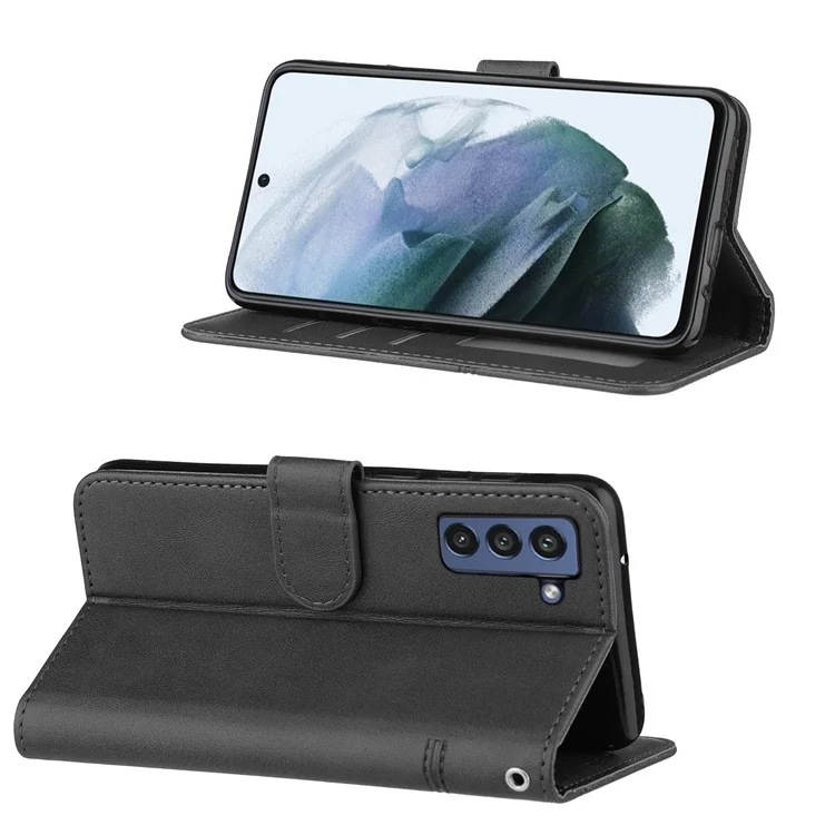Concise Leather Phone Cover Wallet Case with Stand for Samsung Galaxy S21 FE - Black