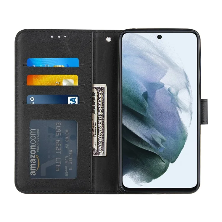 Concise Leather Phone Cover Wallet Case with Stand for Samsung Galaxy S21 FE - Black