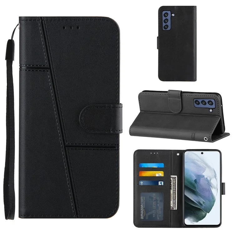 Concise Leather Phone Cover Wallet Case with Stand for Samsung Galaxy S21 FE - Black