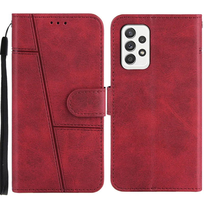 Concise Splicing Leather Phone Cover Stand Case with Wallet and Strap for Samsung Galaxy A52 4G/5G / A52s 5G - Red