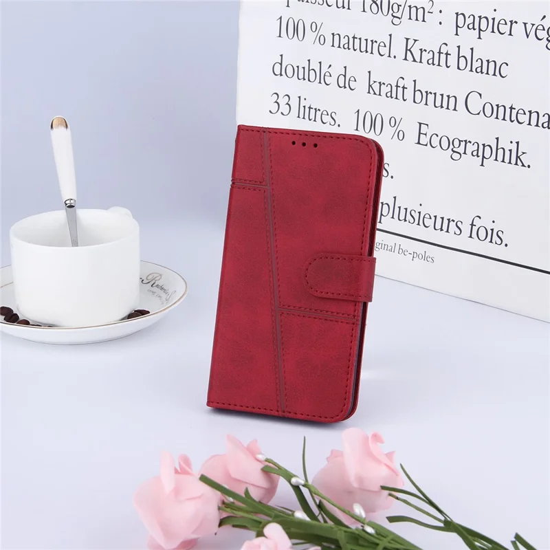 Concise Splicing Leather Phone Cover Stand Case with Wallet and Strap for Samsung Galaxy A52 4G/5G / A52s 5G - Red