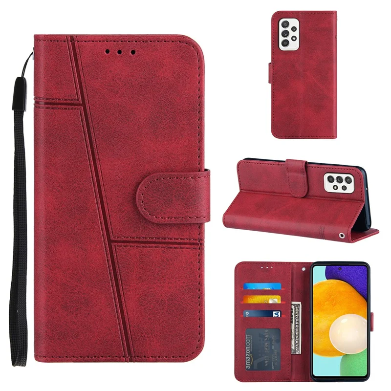 Concise Splicing Leather Phone Cover Stand Case with Wallet and Strap for Samsung Galaxy A52 4G/5G / A52s 5G - Red