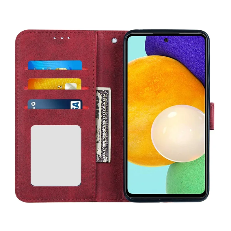 Concise Splicing Leather Phone Cover Stand Case with Wallet and Strap for Samsung Galaxy A52 4G/5G / A52s 5G - Red