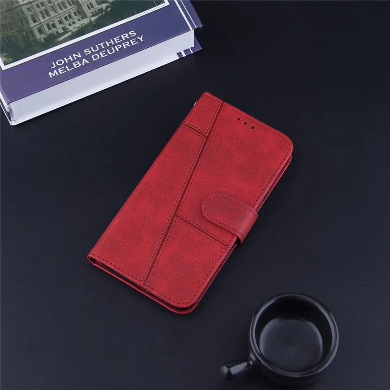 Concise Splicing Leather Phone Cover Stand Case with Wallet and Strap for Samsung Galaxy A52 4G/5G / A52s 5G - Red