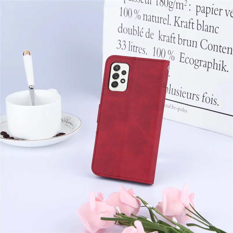 Concise Splicing Leather Phone Cover Stand Case with Wallet and Strap for Samsung Galaxy A52 4G/5G / A52s 5G - Red