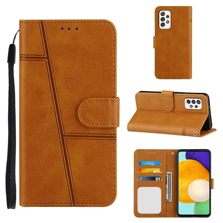 Concise Splicing Leather Phone Cover Stand Case with Wallet and Strap for Samsung Galaxy A52 4G/5G / A52s 5G - Brown