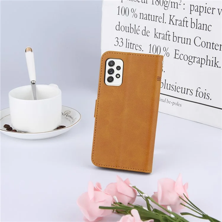 Concise Splicing Leather Phone Cover Stand Case with Wallet and Strap for Samsung Galaxy A52 4G/5G / A52s 5G - Brown