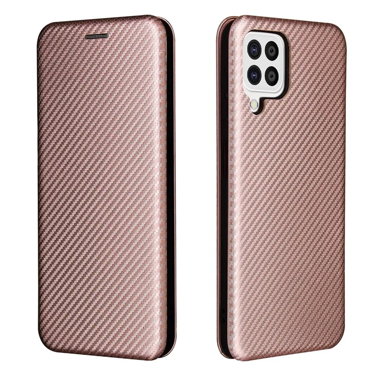 Per Samsung Galaxy A22 4G (versione europea) Custodia in pelle assorbita automaticamente Texture in fibra di carbonio Custodia con coperchio a prova di urto con porta carte e cinturino ad anello - Oro rosa