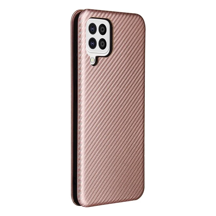 Per Samsung Galaxy A22 4G (versione europea) Custodia in pelle assorbita automaticamente Texture in fibra di carbonio Custodia con coperchio a prova di urto con porta carte e cinturino ad anello - Oro rosa