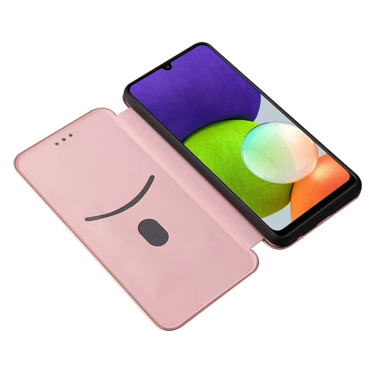 Per Samsung Galaxy A22 4G (versione europea) Custodia in pelle assorbita automaticamente Texture in fibra di carbonio Custodia con coperchio a prova di urto con porta carte e cinturino ad anello - Oro rosa