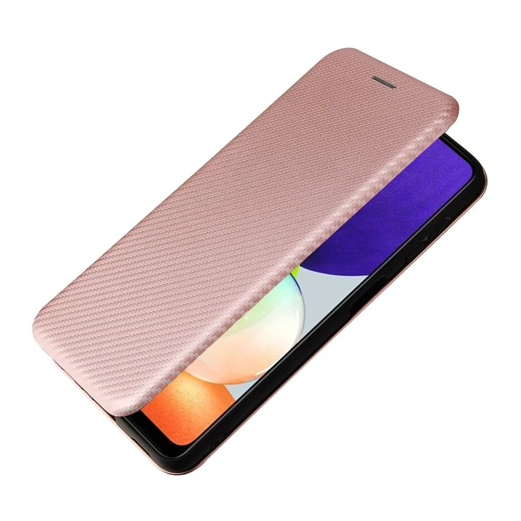 Per Samsung Galaxy A22 4G (versione europea) Custodia in pelle assorbita automaticamente Texture in fibra di carbonio Custodia con coperchio a prova di urto con porta carte e cinturino ad anello - Oro rosa