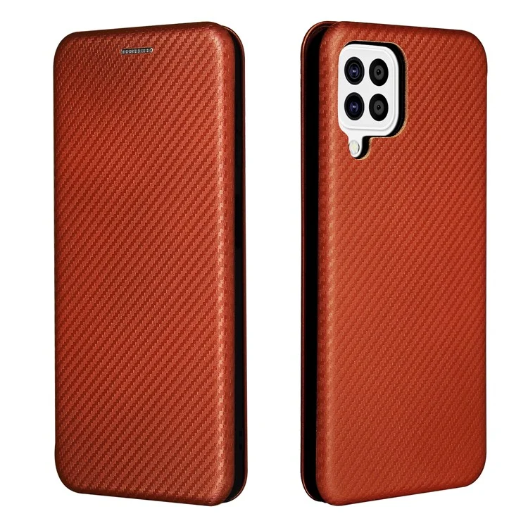 For Samsung Galaxy A22 4G (EU Version) Auto-absorbed Leather Case Carbon Fiber Texture Shock-proof Flip Cover with Card Holder and Ring Strap - Orange
