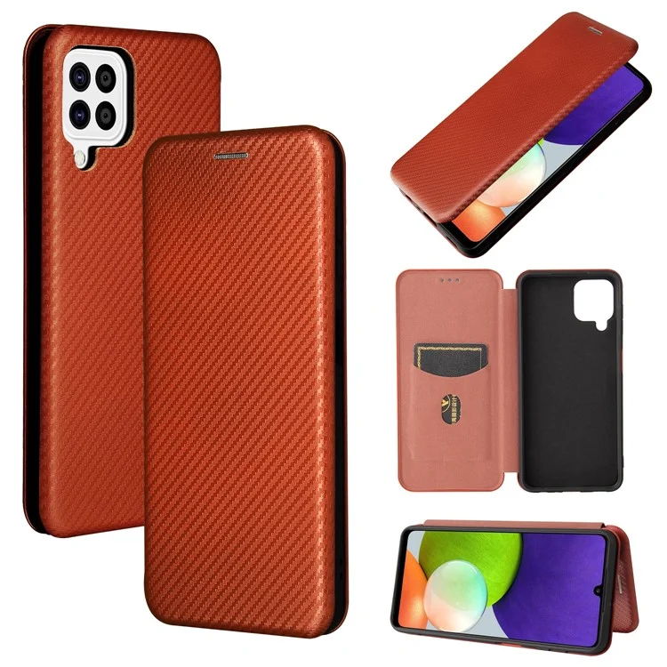For Samsung Galaxy A22 4G (EU Version) Auto-absorbed Leather Case Carbon Fiber Texture Shock-proof Flip Cover with Card Holder and Ring Strap - Orange
