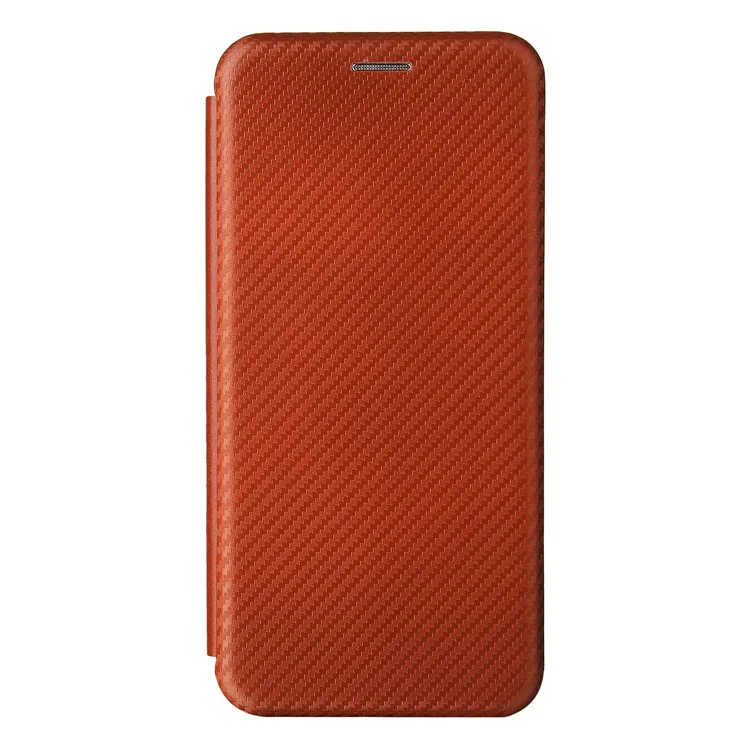 For Samsung Galaxy A22 4G (EU Version) Auto-absorbed Leather Case Carbon Fiber Texture Shock-proof Flip Cover with Card Holder and Ring Strap - Orange