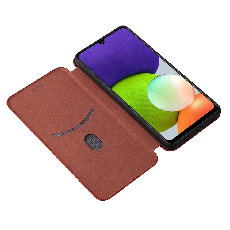 For Samsung Galaxy A22 4G (EU Version) Auto-absorbed Leather Case Carbon Fiber Texture Shock-proof Flip Cover with Card Holder and Ring Strap - Orange