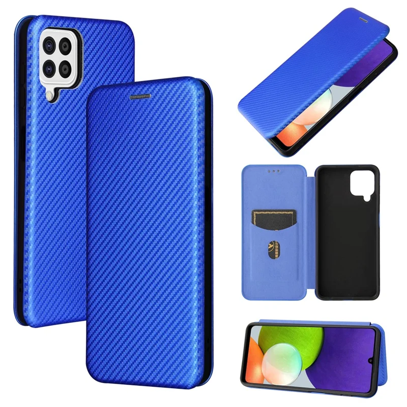 For Samsung Galaxy A22 4G (EU Version) Auto-absorbed Leather Case Carbon Fiber Texture Shock-proof Flip Cover with Card Holder and Ring Strap - Blue