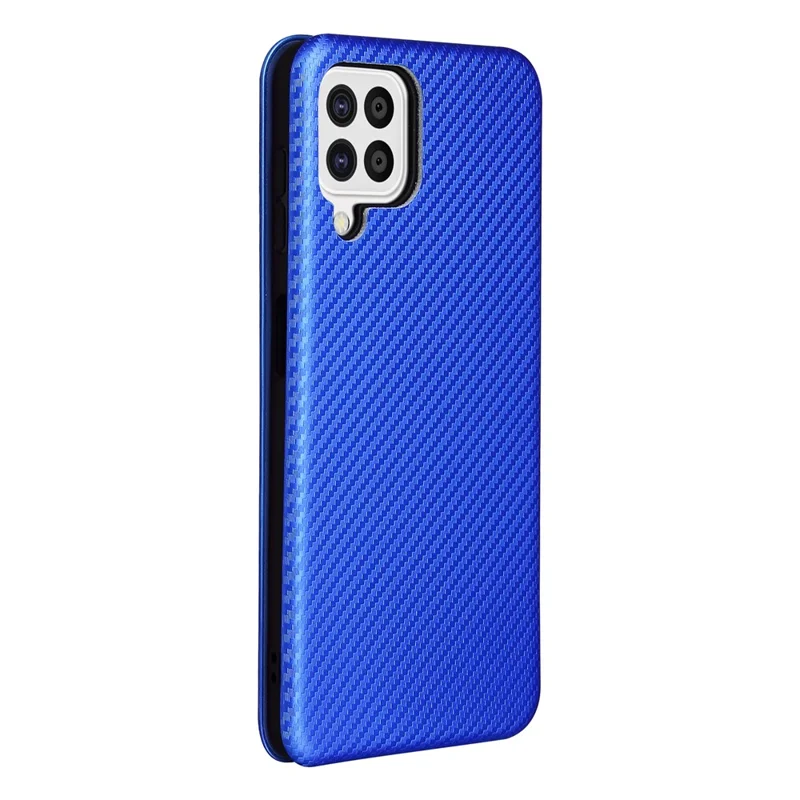 For Samsung Galaxy A22 4G (EU Version) Auto-absorbed Leather Case Carbon Fiber Texture Shock-proof Flip Cover with Card Holder and Ring Strap - Blue
